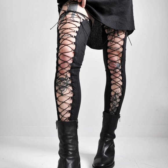 Noctex Lace Up Leg Warmers Thigh Highs Black Medium - Picture 1 of 3